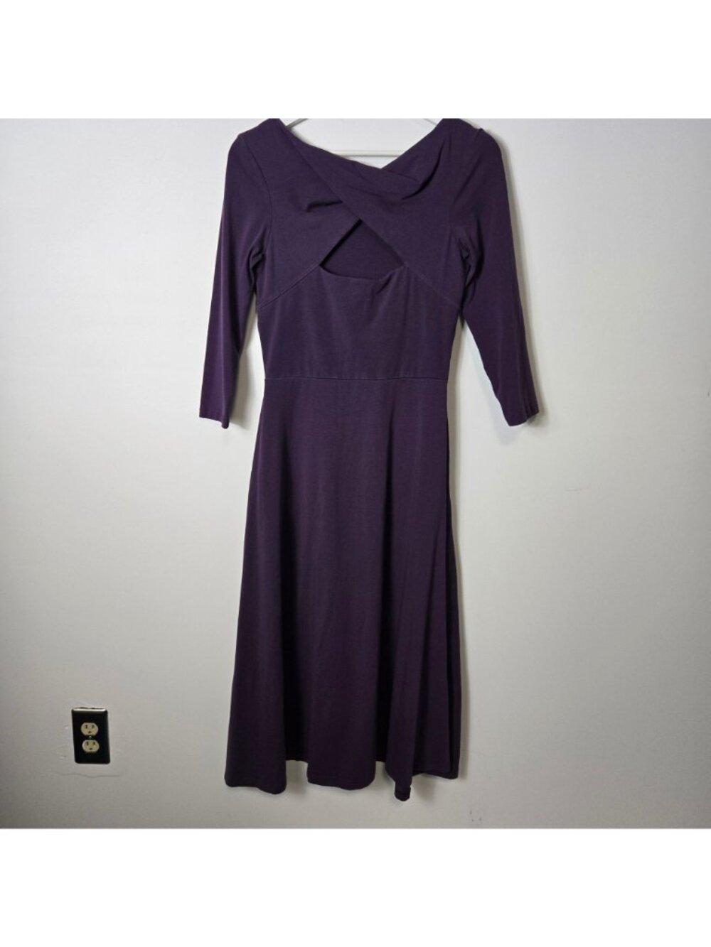 Pact Size S Open-Back Midi Dress 3/4 Sleeve Organic Cotton Wine Purple Fit Flare - Picture 5 of 11